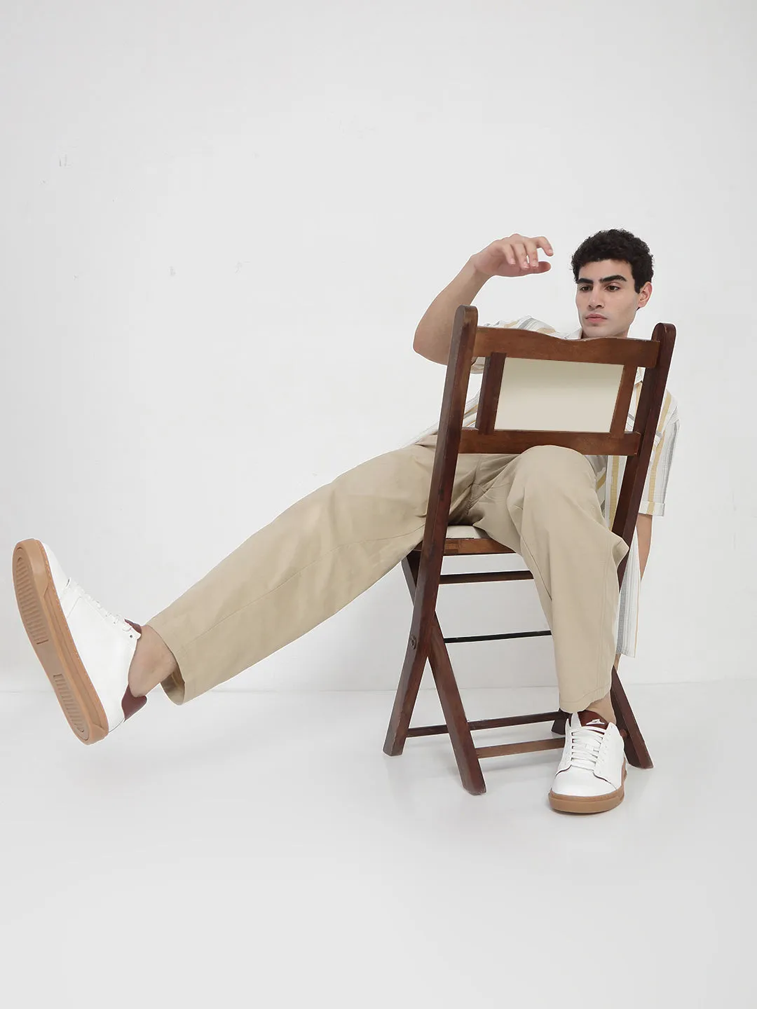 Men Cotton Beige Relaxed Fit Trousers