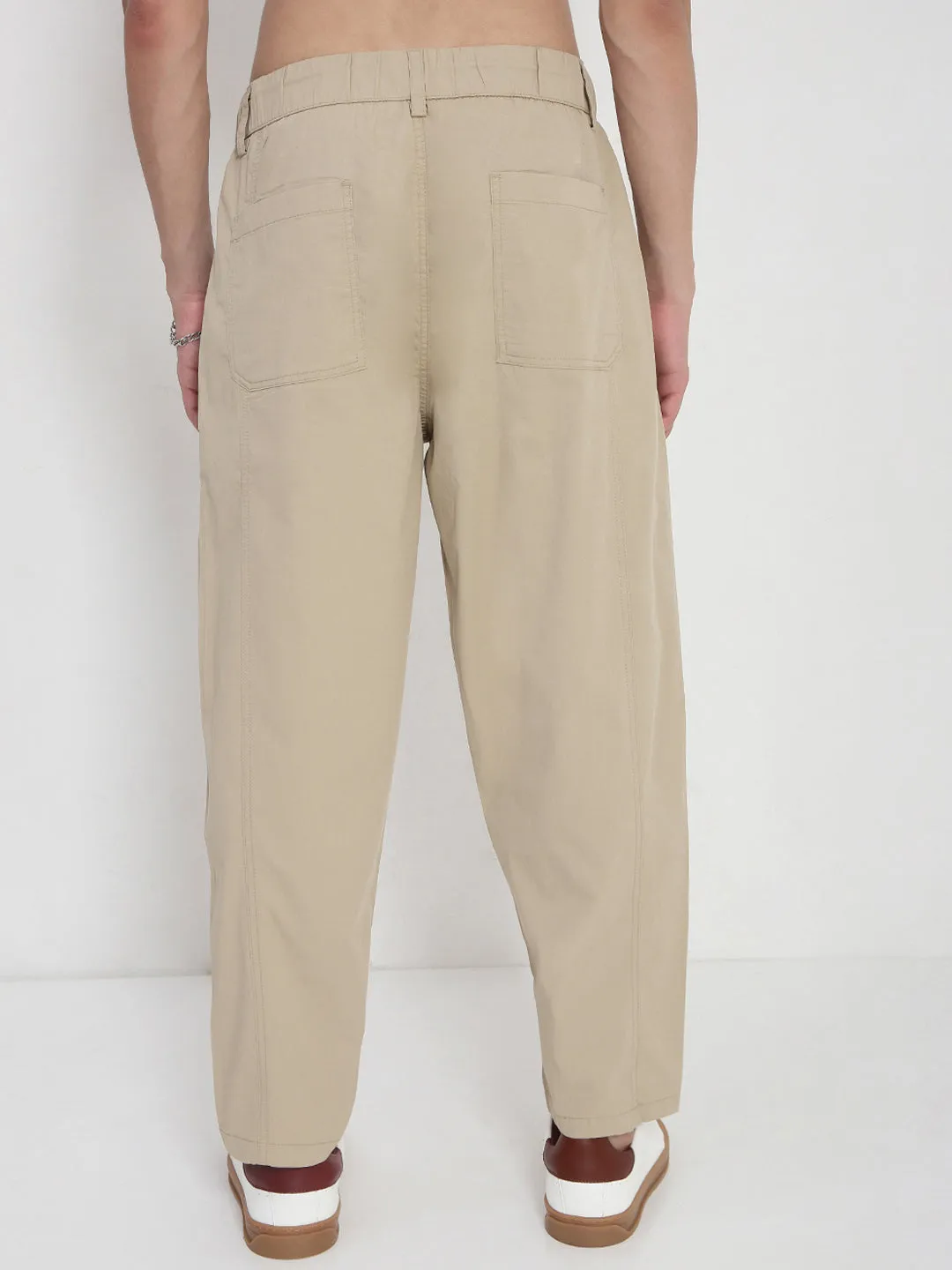 Men Cotton Beige Relaxed Fit Trousers