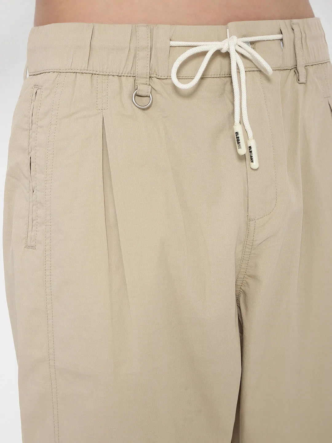 Men Cotton Beige Relaxed Fit Trousers