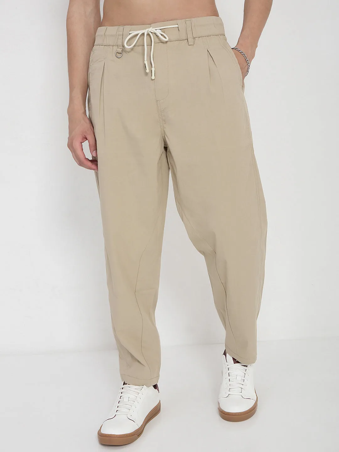Men Cotton Beige Relaxed Fit Trousers