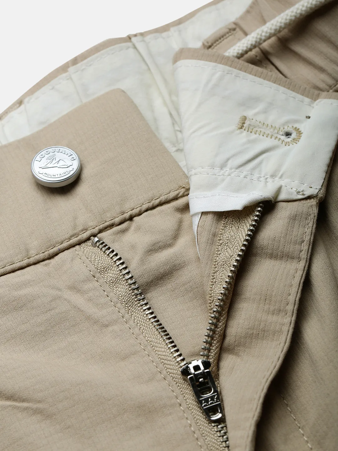 Men Cotton Beige Relaxed Fit Trousers