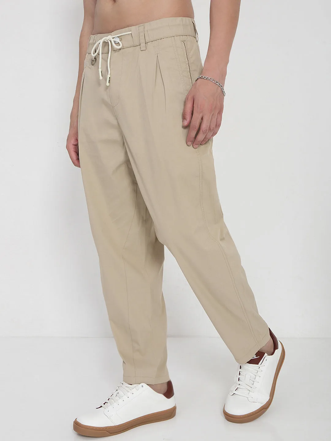 Men Cotton Beige Relaxed Fit Trousers