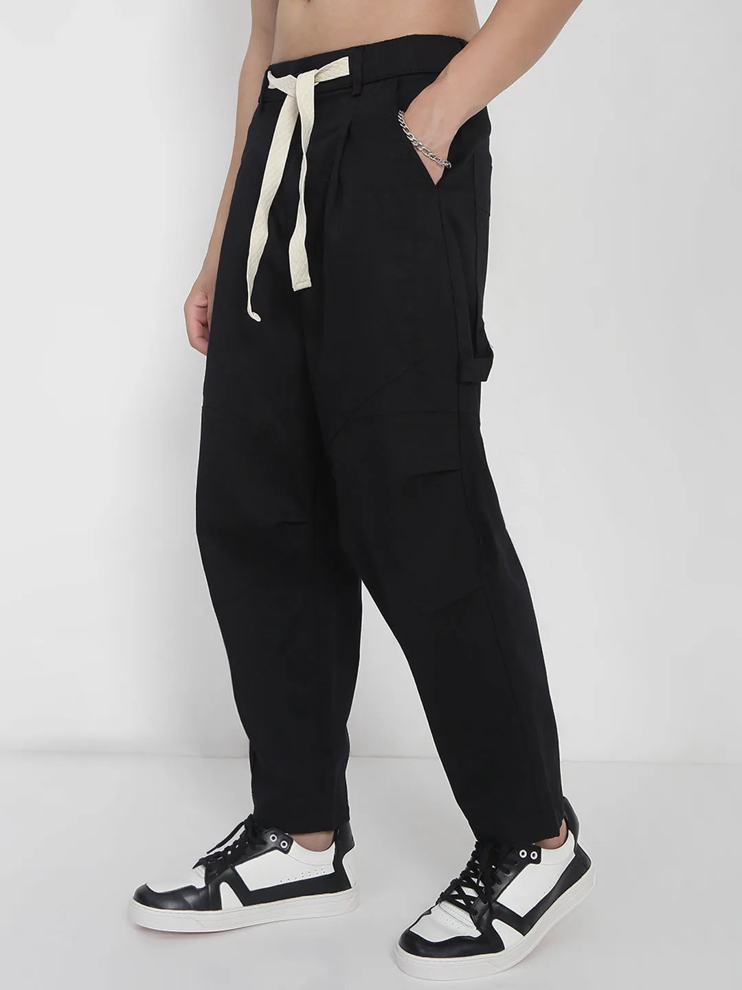 Men Cotton Black Relaxed Fit Trousers