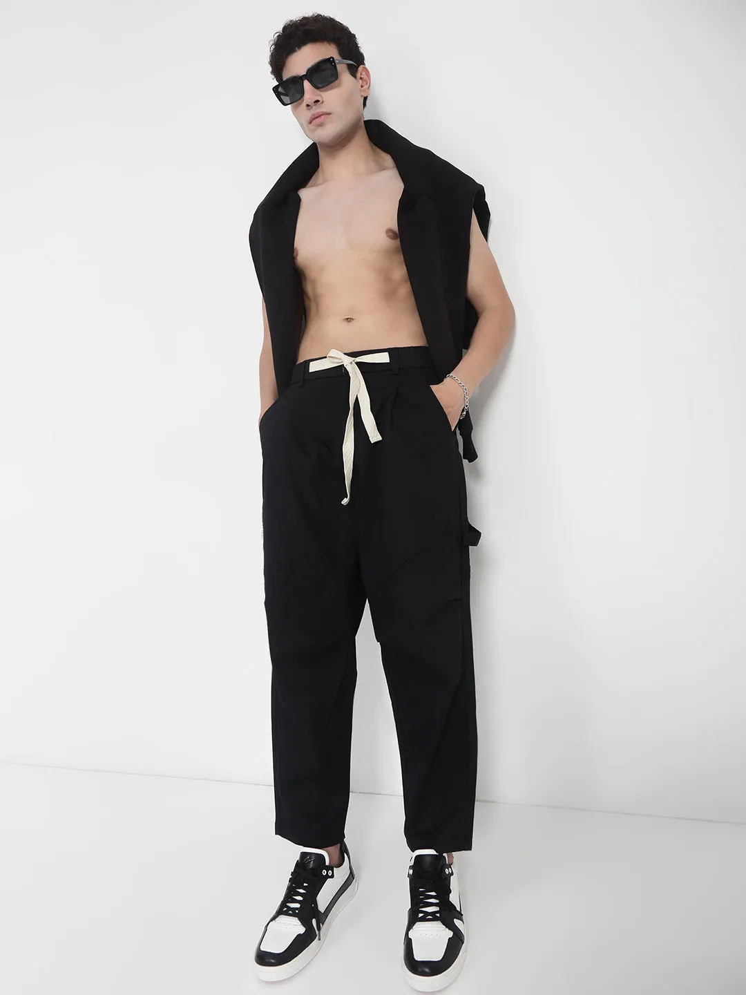 Men Cotton Black Relaxed Fit Trousers
