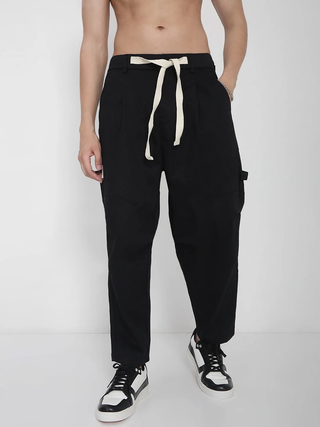 Men Cotton Black Relaxed Fit Trousers