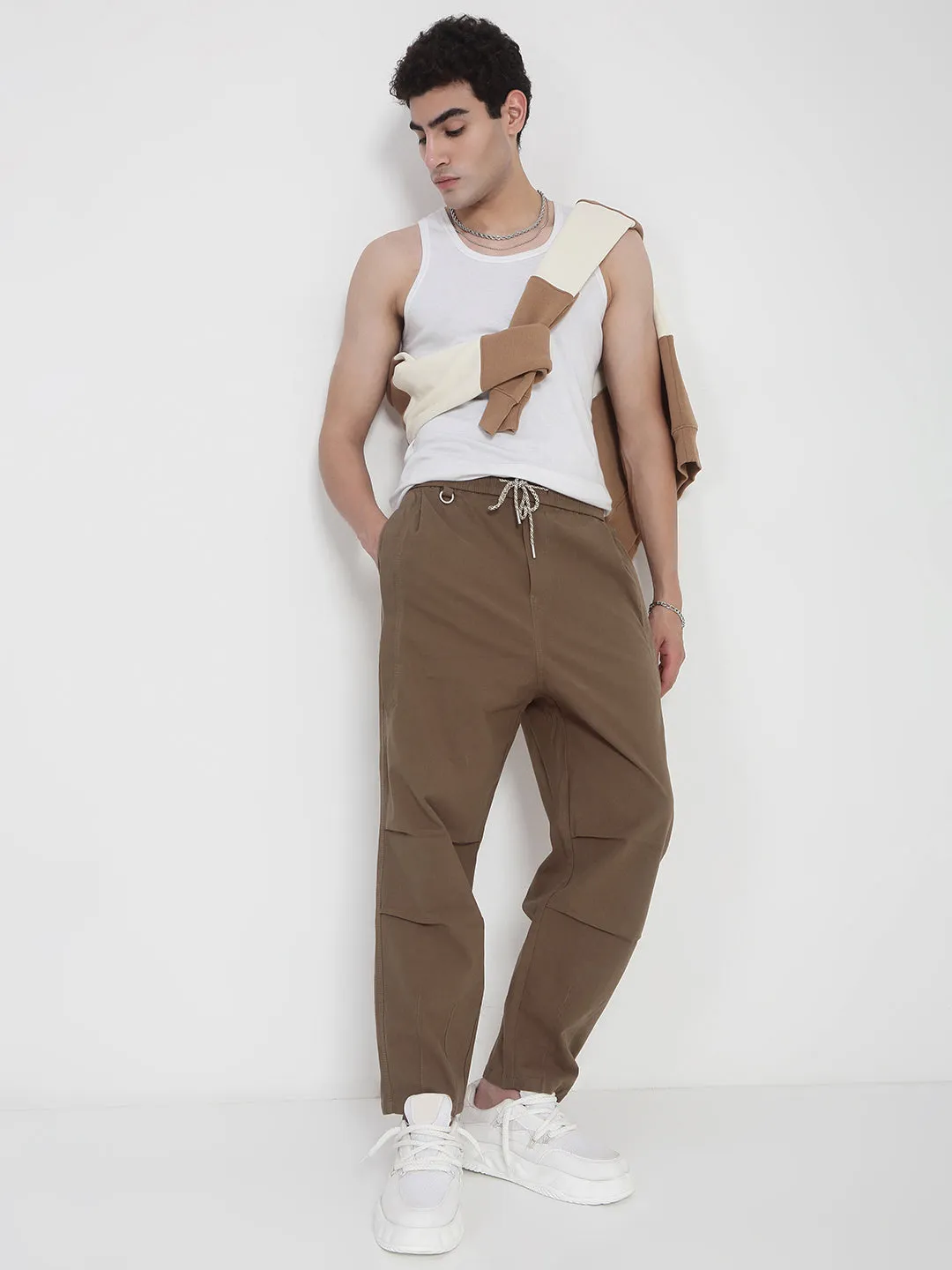 Men Cotton Brown Relaxed Fit Trousers