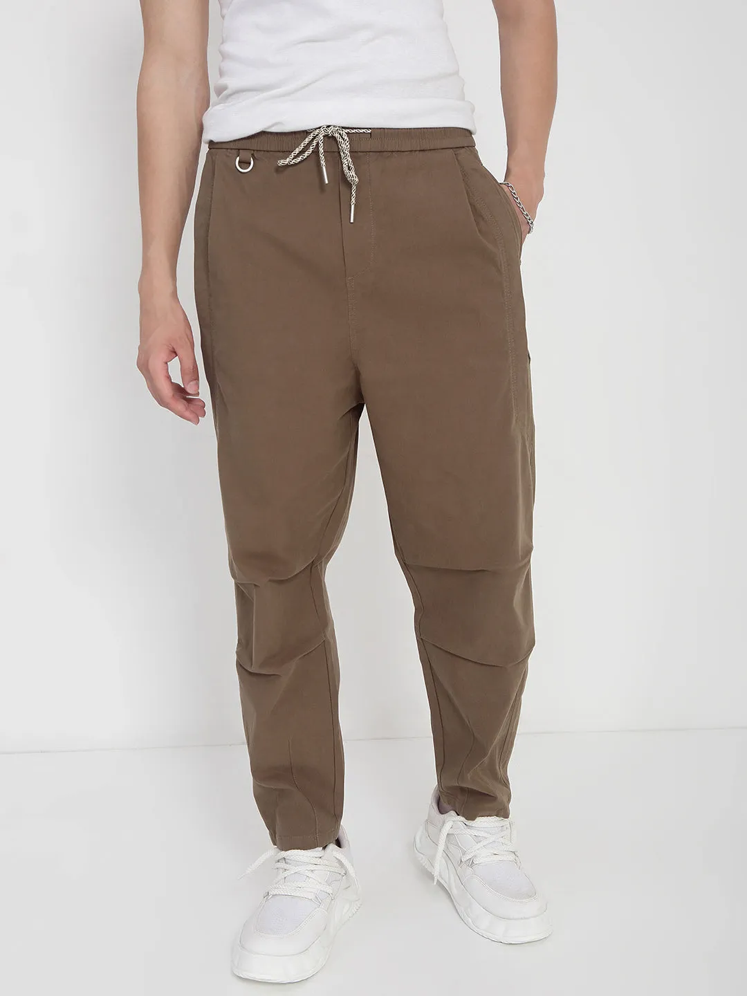 Men Cotton Brown Relaxed Fit Trousers