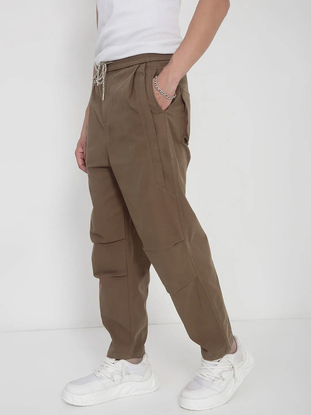 Men Cotton Brown Relaxed Fit Trousers