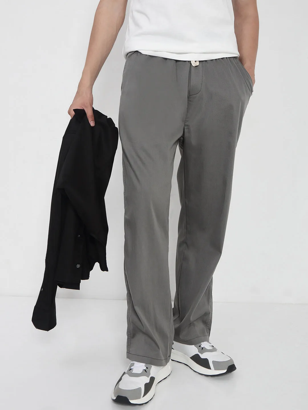 Men Cotton Grey Relaxed Fit Trousers
