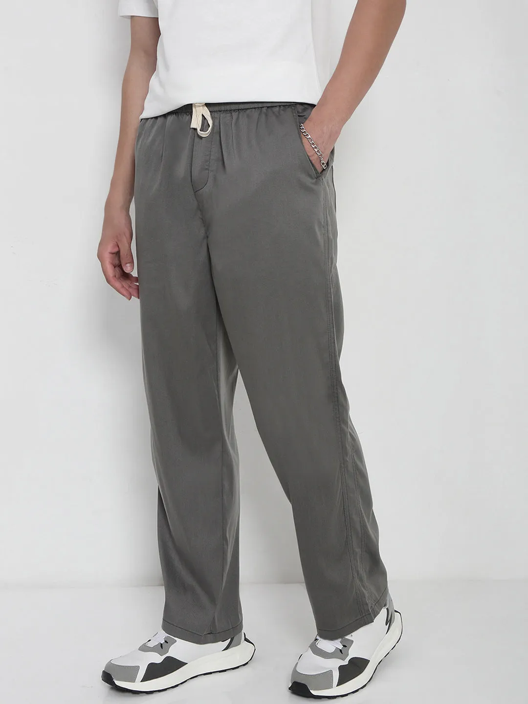 Men Cotton Grey Relaxed Fit Trousers