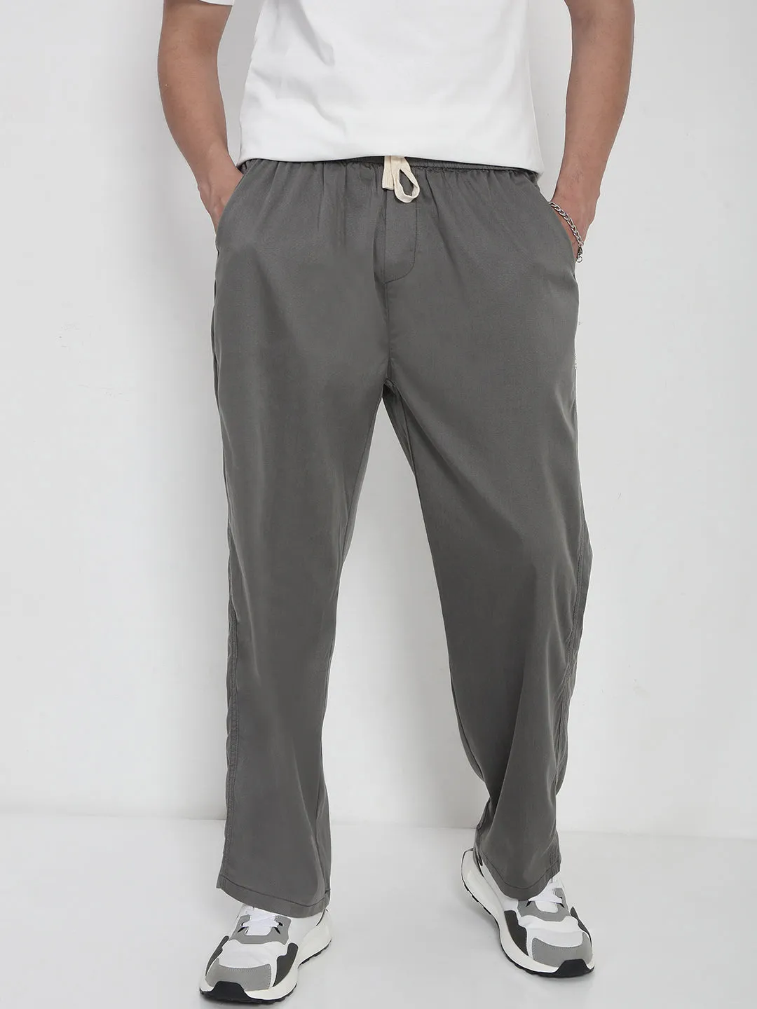 Men Cotton Grey Relaxed Fit Trousers