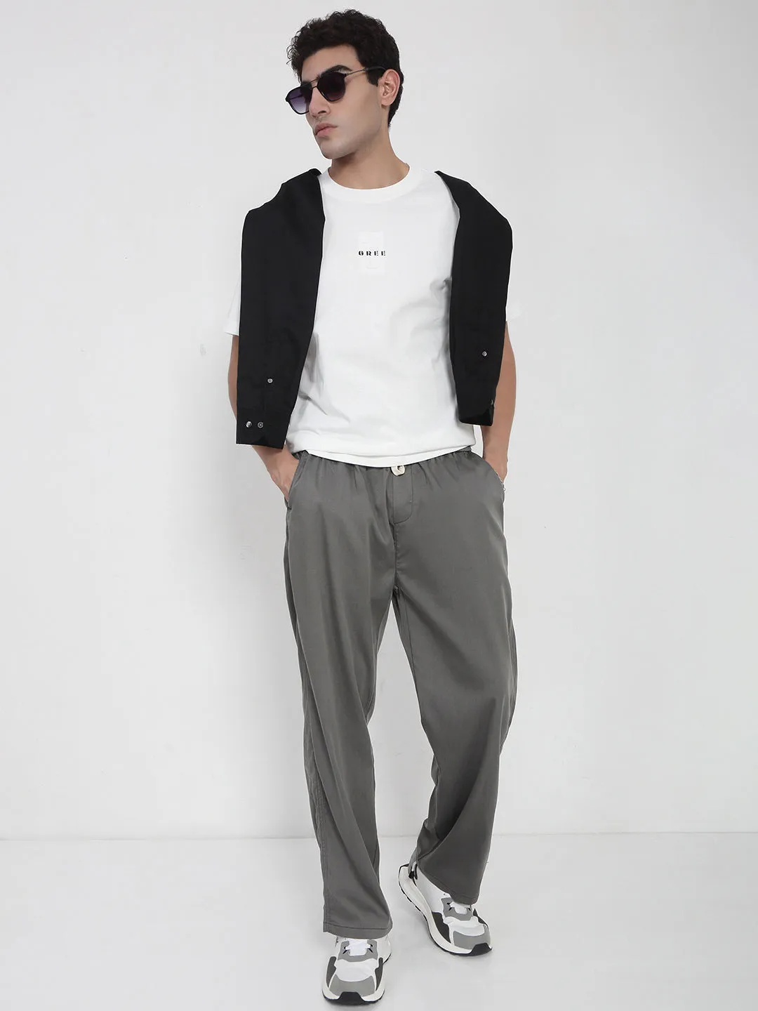 Men Cotton Grey Relaxed Fit Trousers