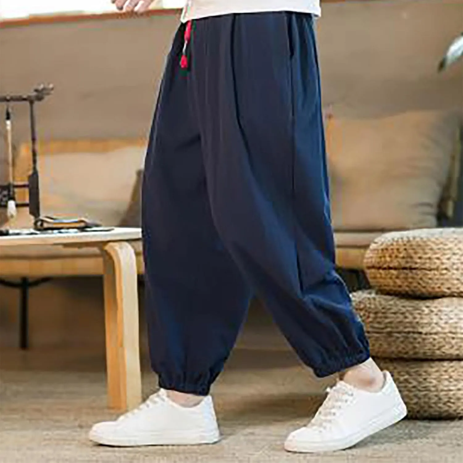 Men's Casual Pants Linen Pants Drawstring Beach Pants Relaxed-Fit Yoga Pants Soft Elastic Waist Pants