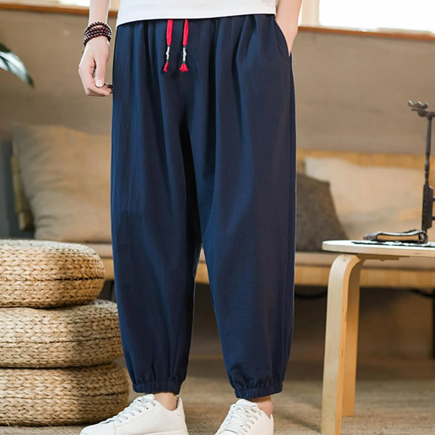 Men's Casual Pants Linen Pants Drawstring Beach Pants Relaxed-Fit Yoga Pants Soft Elastic Waist Pants