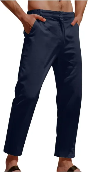 Men's Casual Pants Linen Pants Relaxed-Fit Beach Trousers Summer Yoga Pants Drawstring Elastic Waist Pants