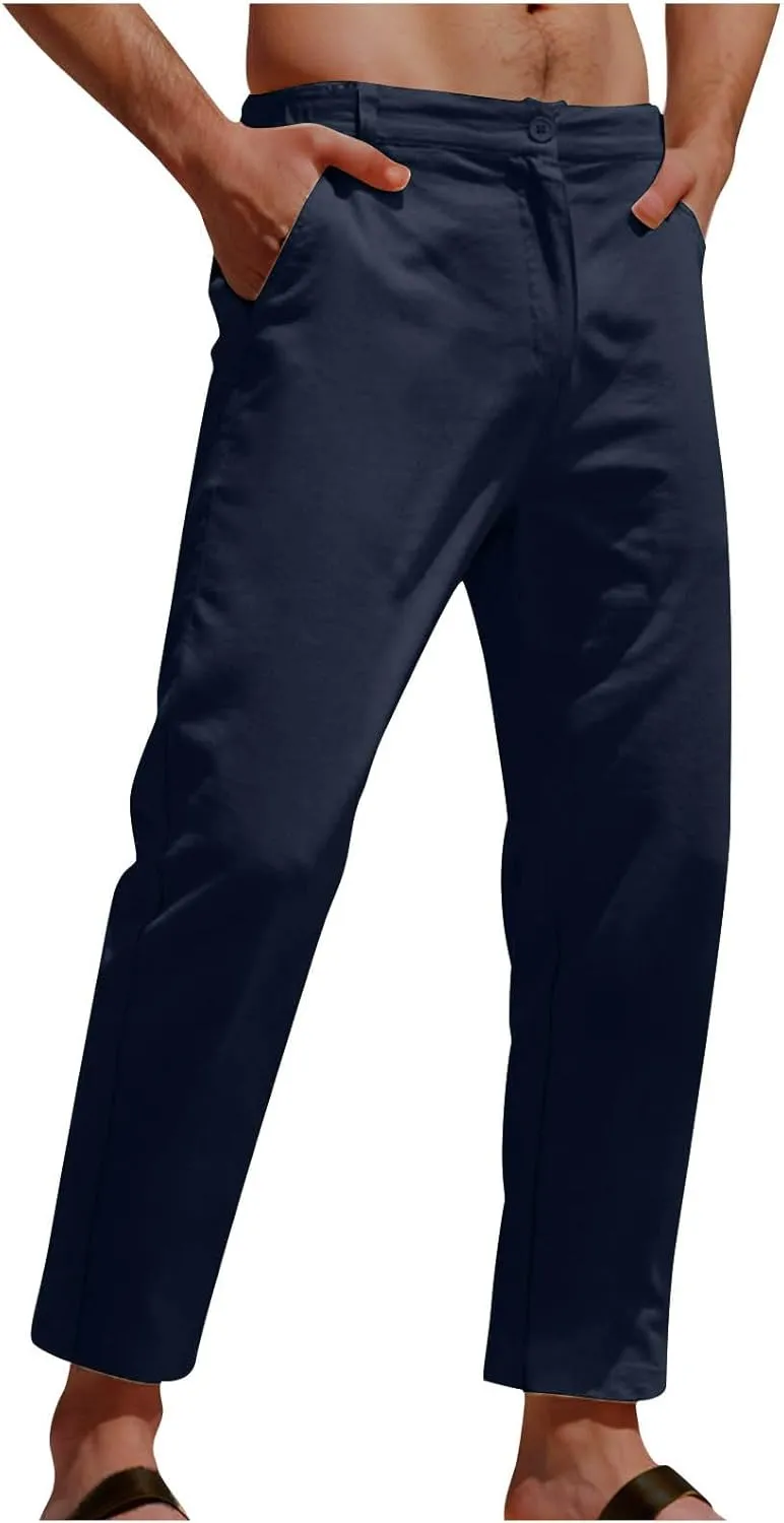 Men's Casual Pants Linen Pants Relaxed-Fit Beach Trousers Summer Yoga Pants Drawstring Elastic Waist Pants