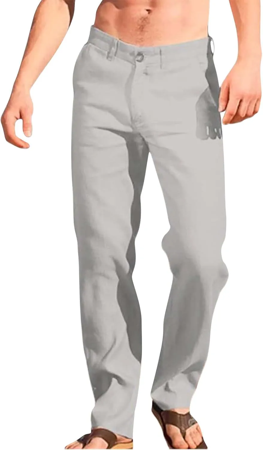 Mens Linen Pants Casual Classic Flat Front Chino Pants Casual Lightweight Straight Leg Summer Beach Trousers