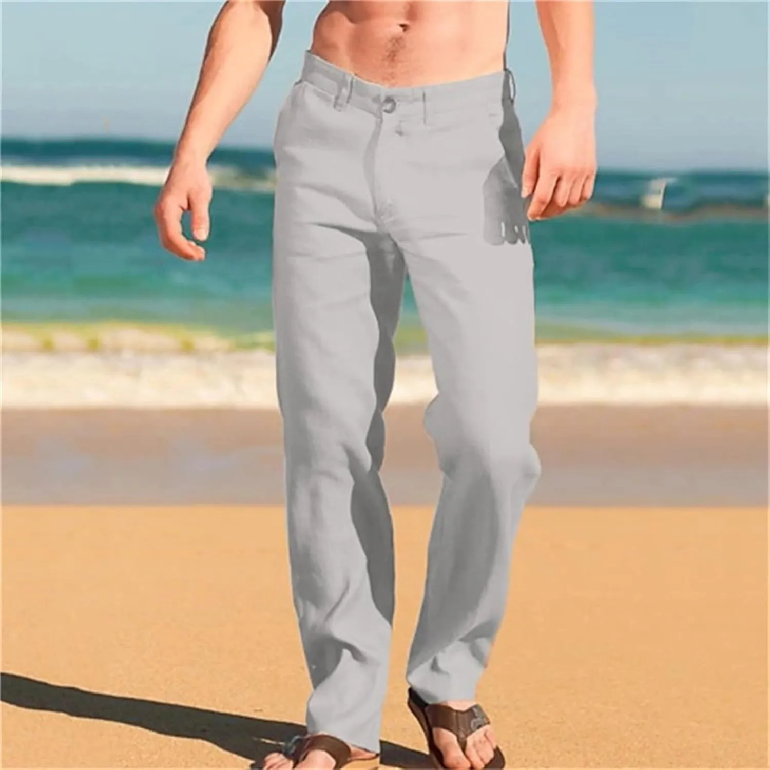 Mens Linen Pants Casual Classic Flat Front Chino Pants Casual Lightweight Straight Leg Summer Beach Trousers