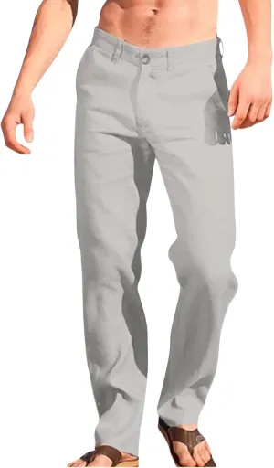 Mens Linen Pants Casual Classic Flat Front Chino Pants Casual Lightweight Straight Leg Summer Beach Trousers