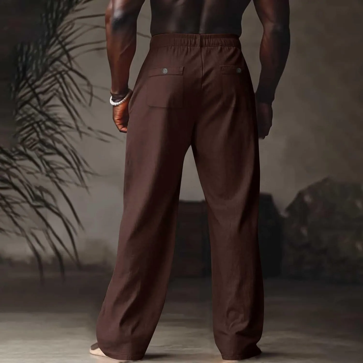 Mens Linen Pants Casual Drawstring Elastic Waist Yoga Pant Summer Lightweight Baggy Straight Leg Beach Loose Trousers