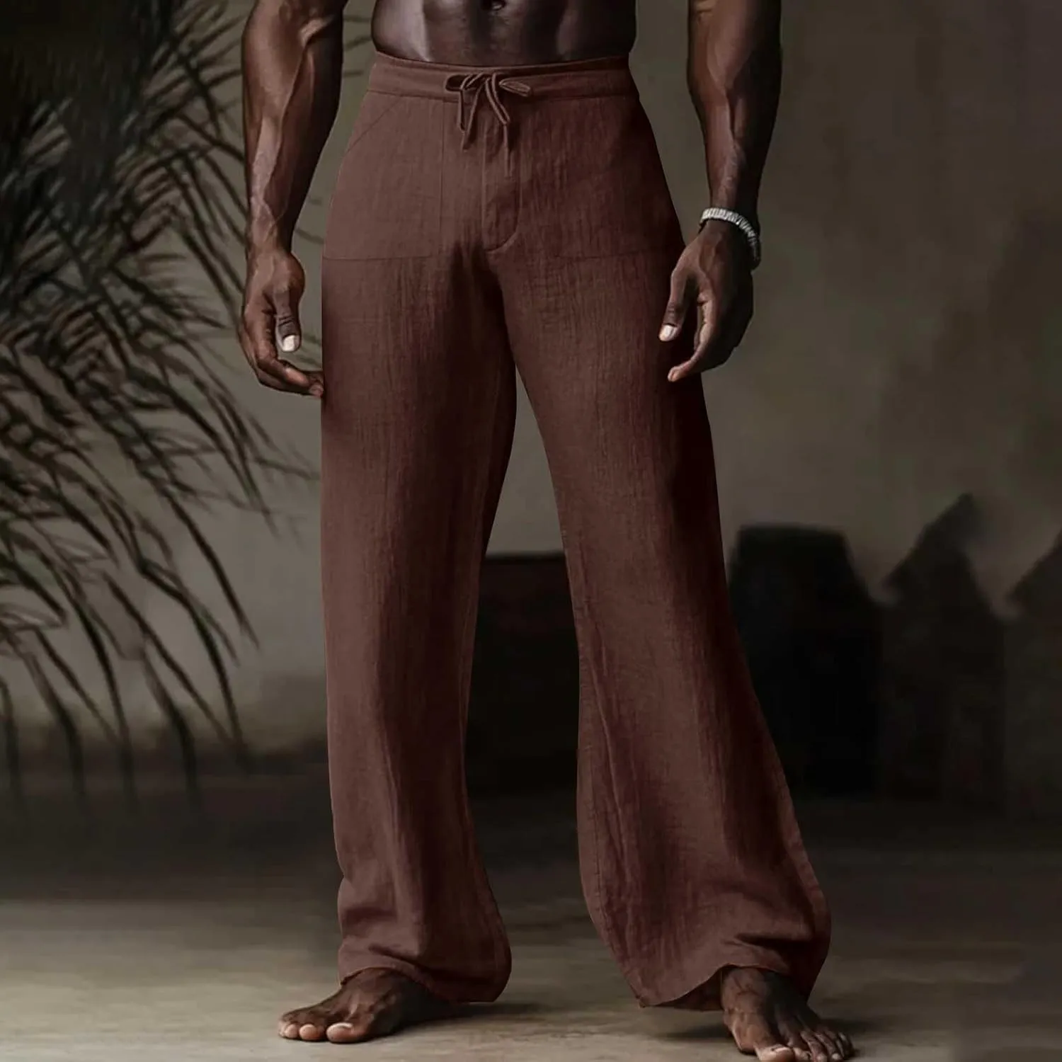Mens Linen Pants Casual Drawstring Elastic Waist Yoga Pant Summer Lightweight Baggy Straight Leg Beach Loose Trousers