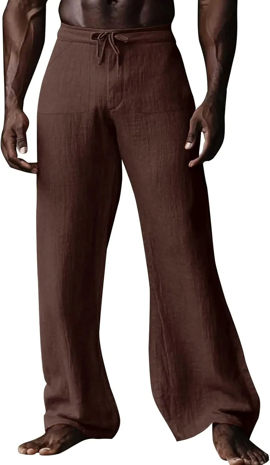 Mens Linen Pants Casual Drawstring Elastic Waist Yoga Pant Summer Lightweight Baggy Straight Leg Beach Loose Trousers