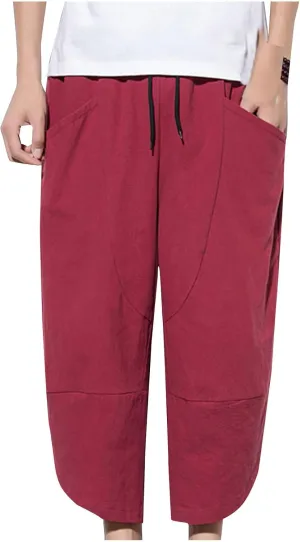 Men's Linen Pants Casual Pants Drawstring Beach Pants Relaxed-Fit Yoga Pants Soft Elastic Waist Pants
