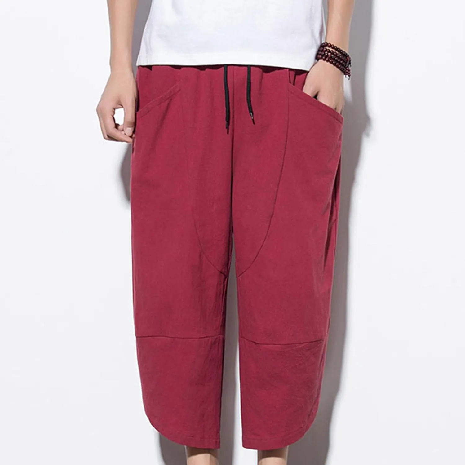 Men's Linen Pants Casual Pants Drawstring Beach Pants Relaxed-Fit Yoga Pants Soft Elastic Waist Pants