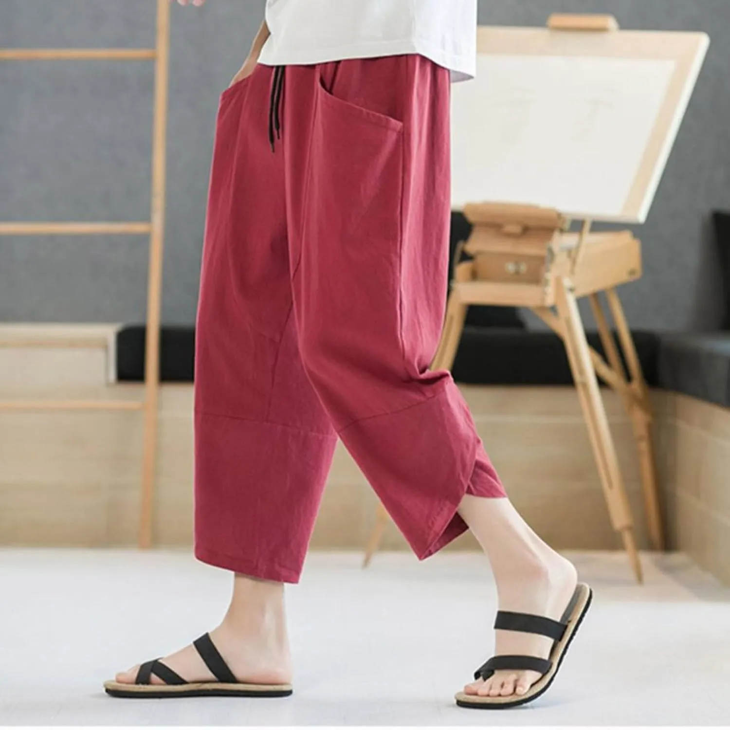 Men's Linen Pants Casual Pants Drawstring Beach Pants Relaxed-Fit Yoga Pants Soft Elastic Waist Pants