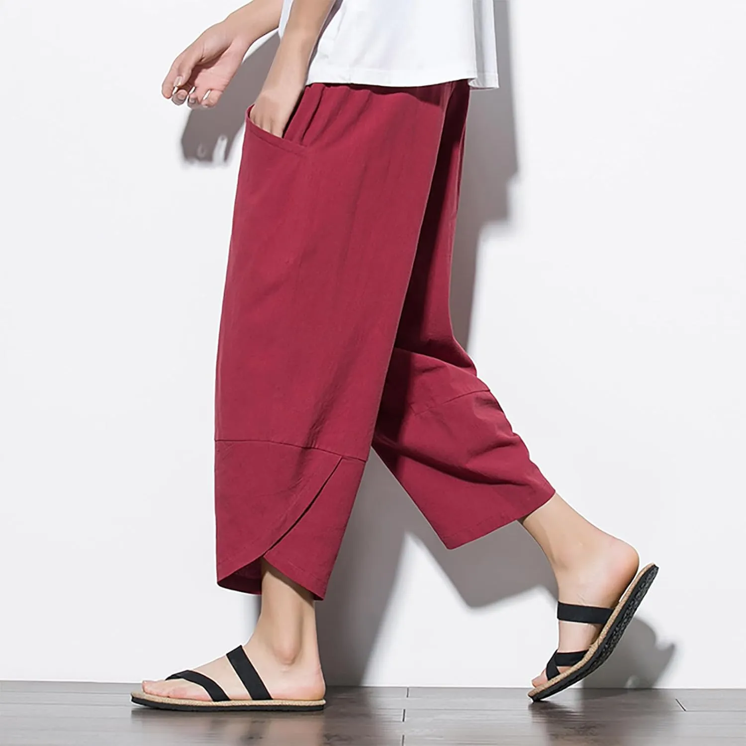 Men's Linen Pants Casual Pants Drawstring Beach Pants Relaxed-Fit Yoga Pants Soft Elastic Waist Pants