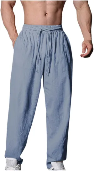 Men's Linen Pants Solid Color Elastic Waist Pants Relaxed Drawstring Pants Active Chinos Pants Comfy Joggers Pants