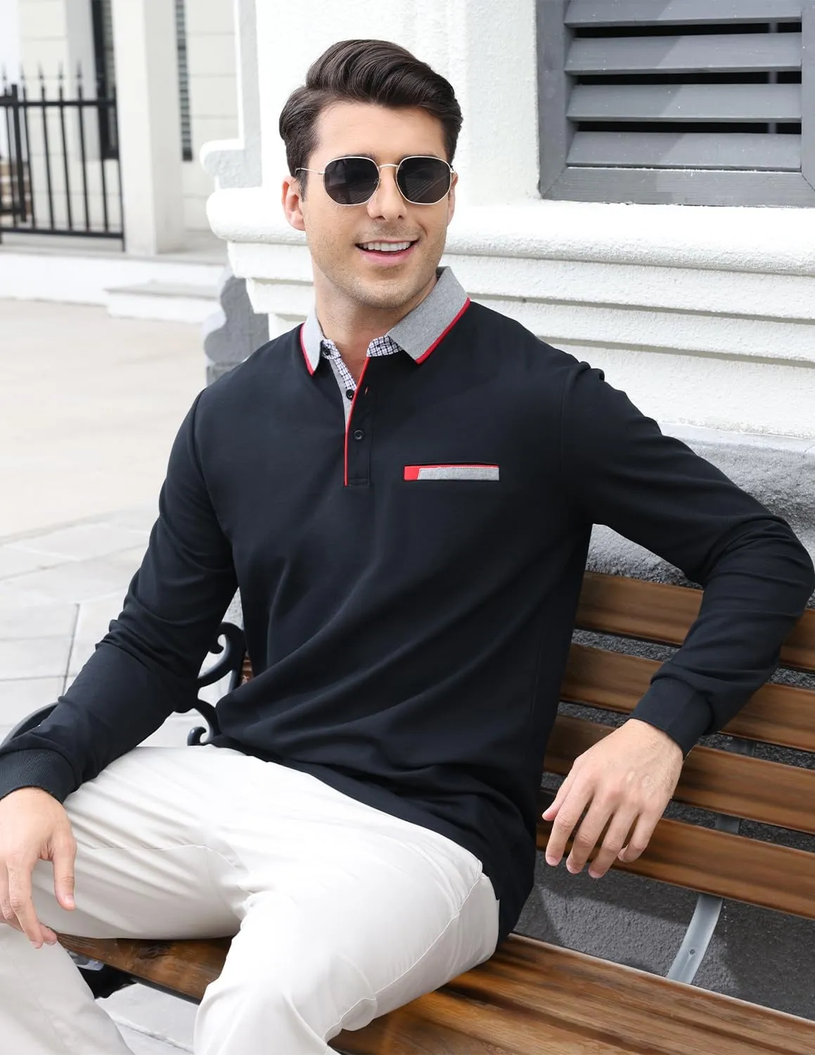 Mens Long Sleeve Polo Shirt Basic Slim Fit Long Sleeve Polo Men's Cotton Polo Shirts with Pocket Golf Shirts Men