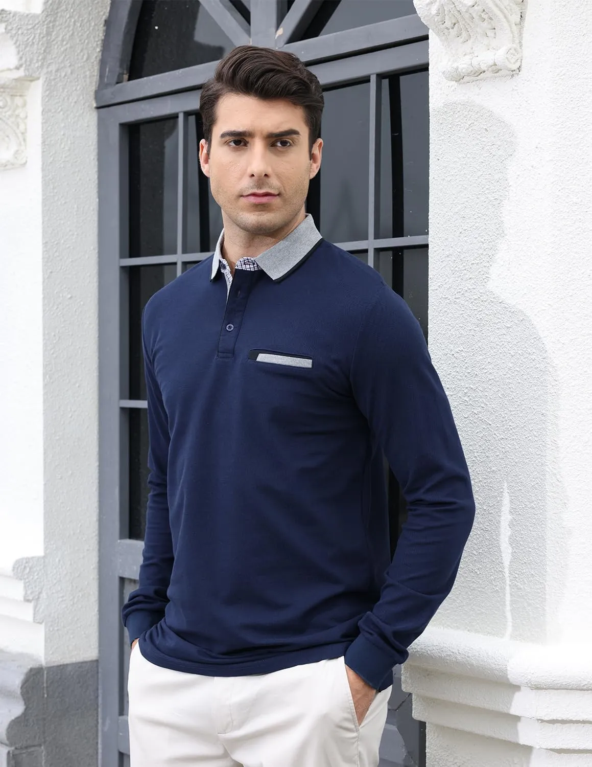 Mens Long Sleeve Polo Shirt Basic Slim Fit Long Sleeve Polo Men's Cotton Polo Shirts with Pocket Golf Shirts Men