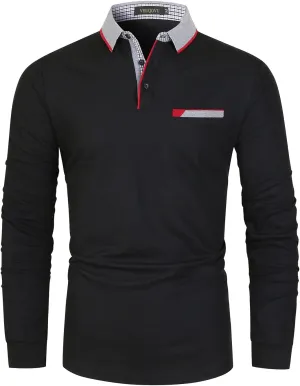 Mens Long Sleeve Polo Shirt Basic Slim Fit Long Sleeve Polo Men's Cotton Polo Shirts with Pocket Golf Shirts Men