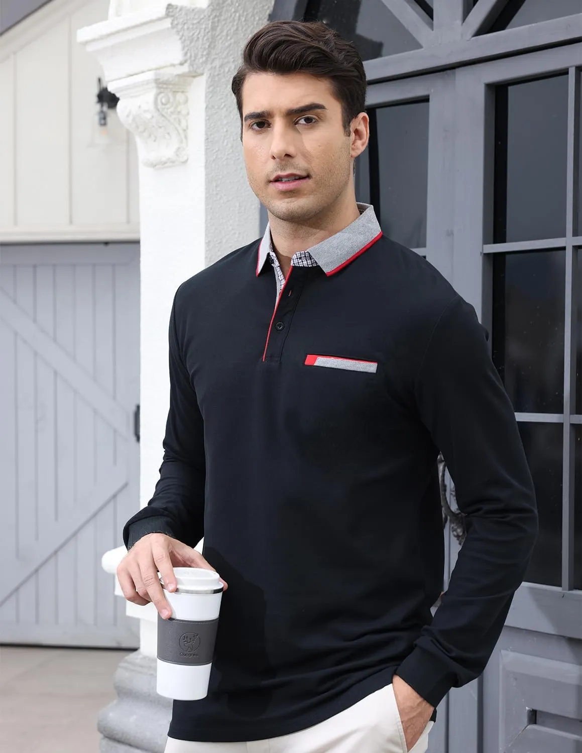 Mens Long Sleeve Polo Shirt Basic Slim Fit Long Sleeve Polo Men's Cotton Polo Shirts with Pocket Golf Shirts Men
