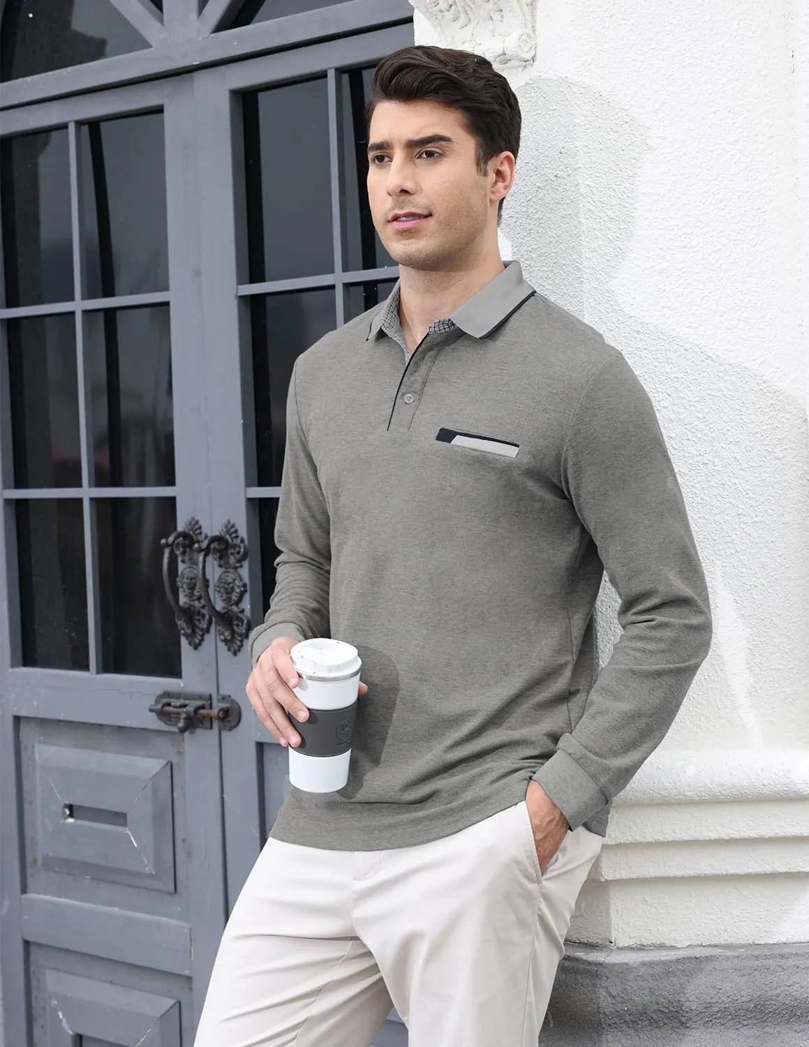 Mens Long Sleeve Polo Shirt Basic Slim Fit Long Sleeve Polo Men's Cotton Polo Shirts with Pocket Golf Shirts Men