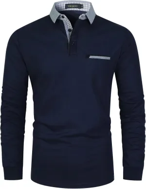 Mens Long Sleeve Polo Shirt Basic Slim Fit Long Sleeve Polo Men's Cotton Polo Shirts with Pocket Golf Shirts Men