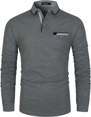 Mens Long Sleeve Polo Shirt Basic Slim Fit Long Sleeve Polo Men's Cotton Polo Shirts with Pocket Golf Shirts Men