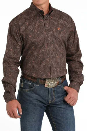 Men's Paisley Print Button-Down Western Shirt - Brown
