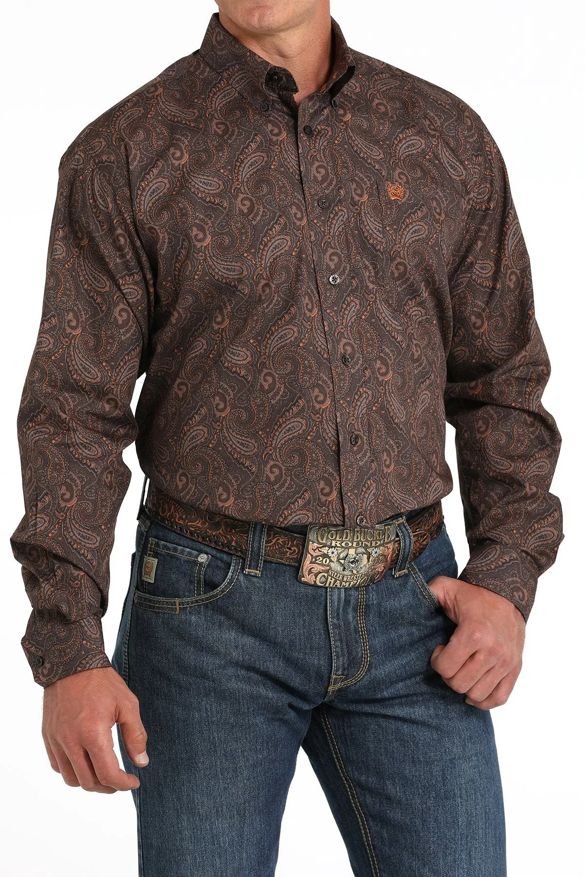 Men's Paisley Print Button-Down Western Shirt - Brown