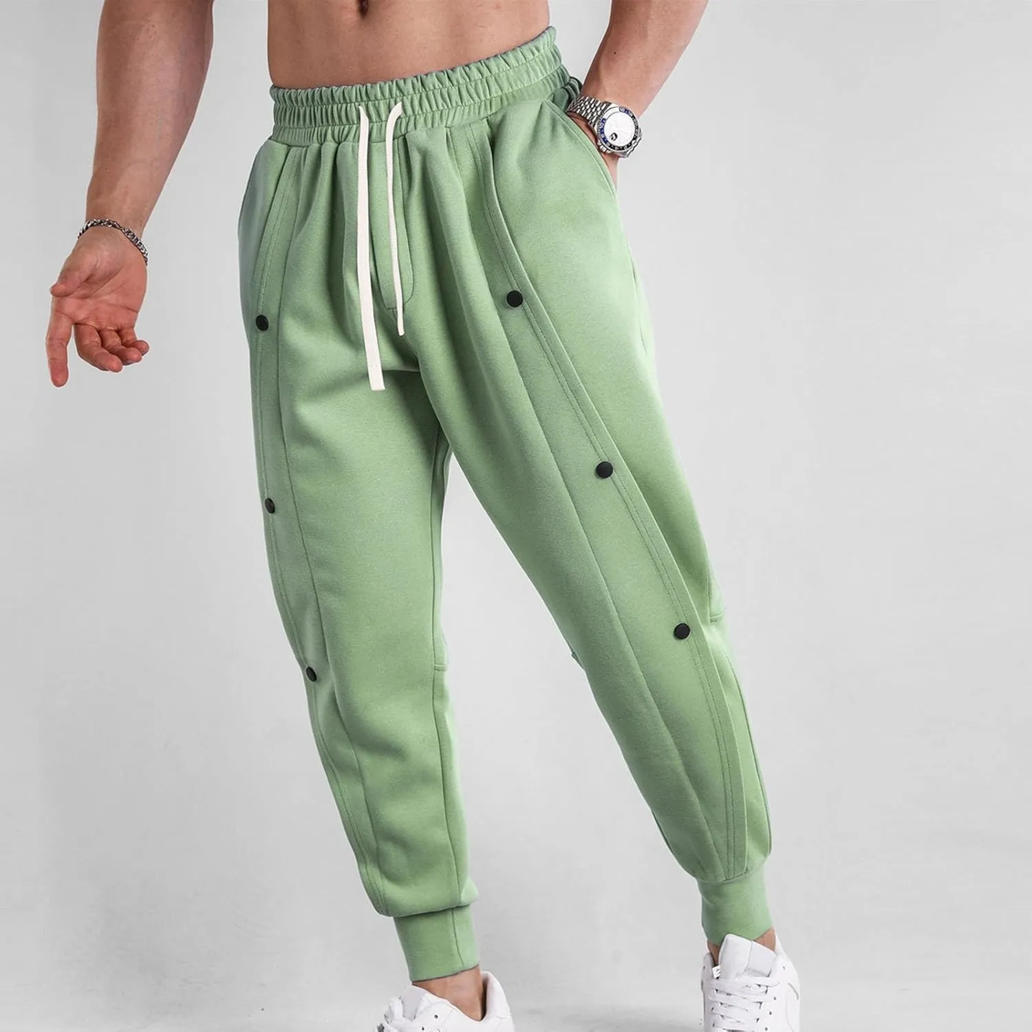 Mens Spring New Sweatpants Solid Color Drawstring Fashion Button Design Tapered Pant Tactical Holiday Outdoor Casual Trousers