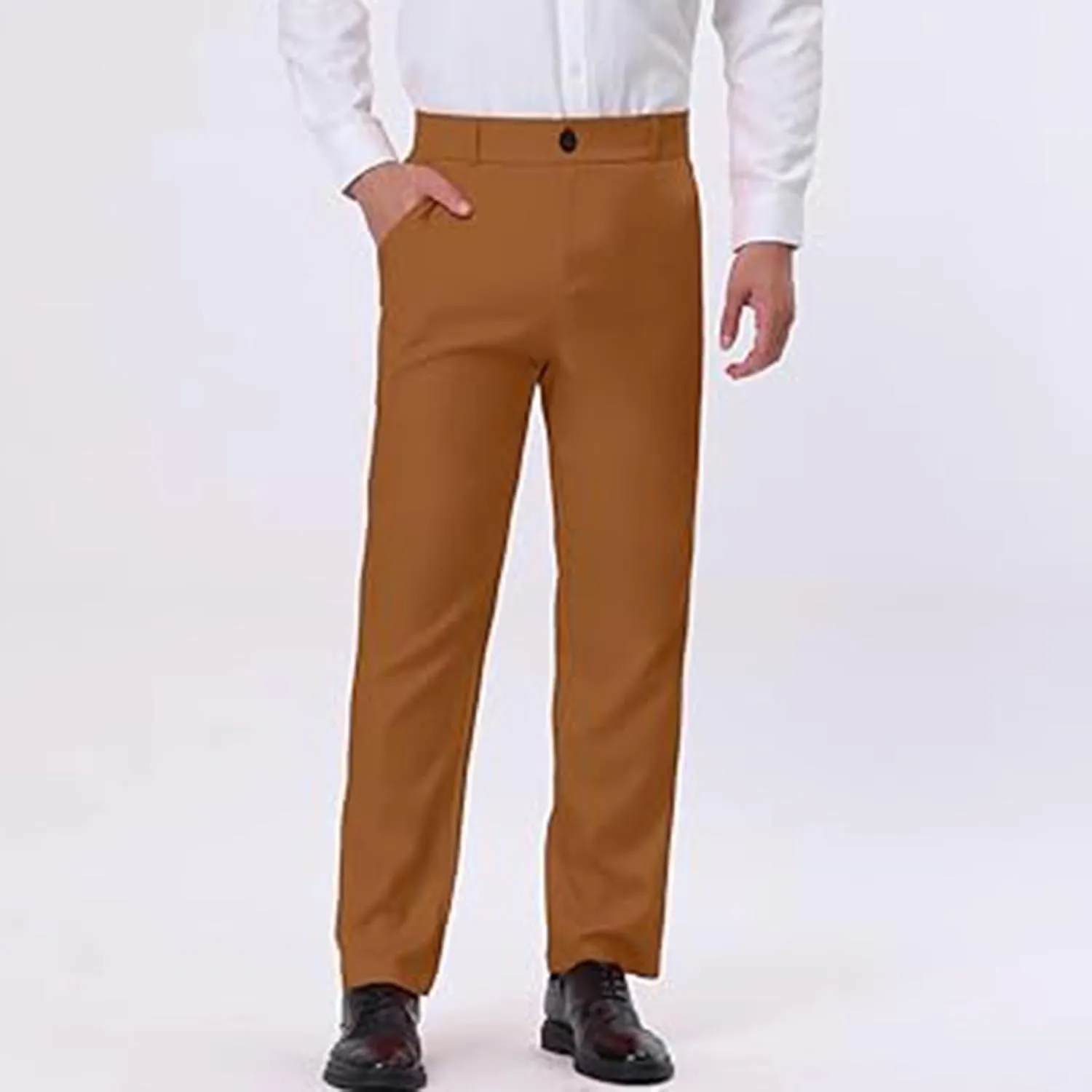 Mens Straight Leg Dress Pants Relaxed Fit Casual Business Office Work Suit Pant Expandable Waist Flat Front Trousers
