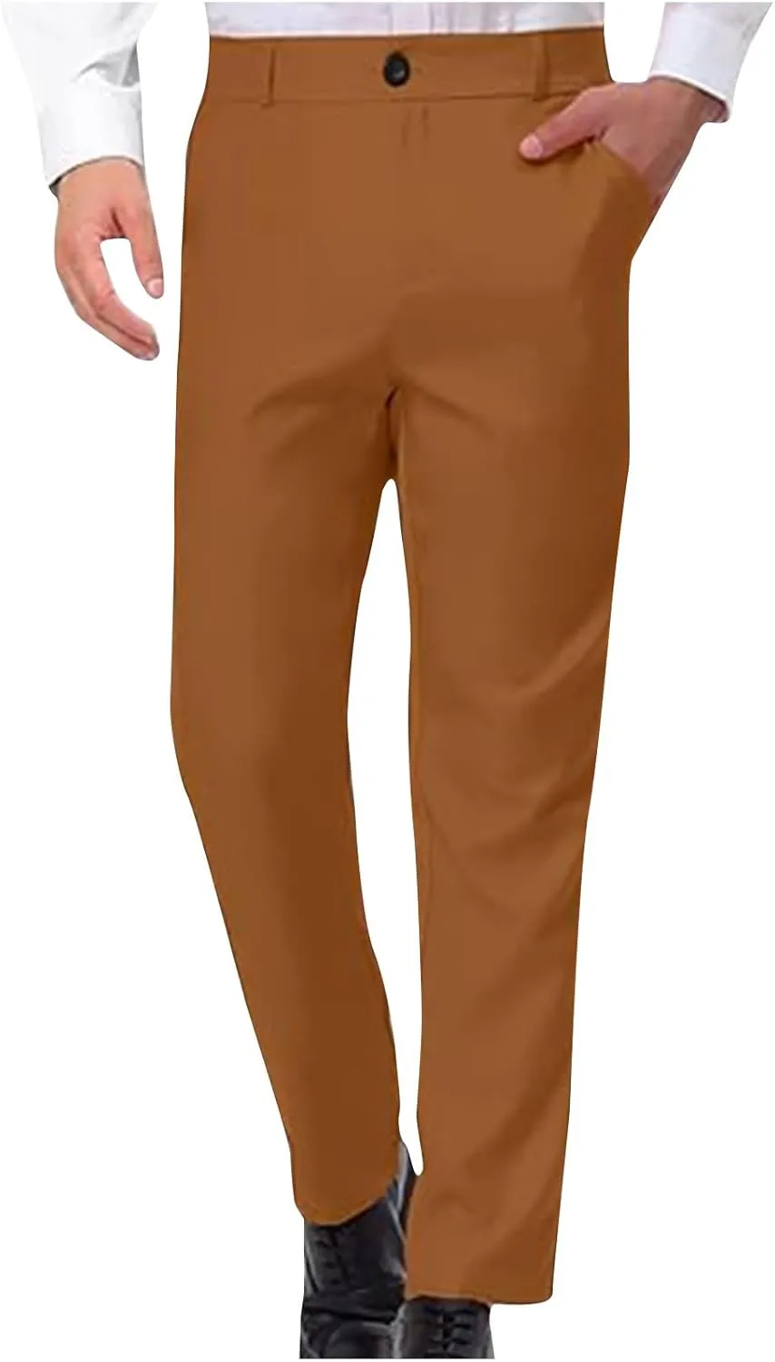 Mens Straight Leg Dress Pants Relaxed Fit Casual Business Office Work Suit Pant Expandable Waist Flat Front Trousers
