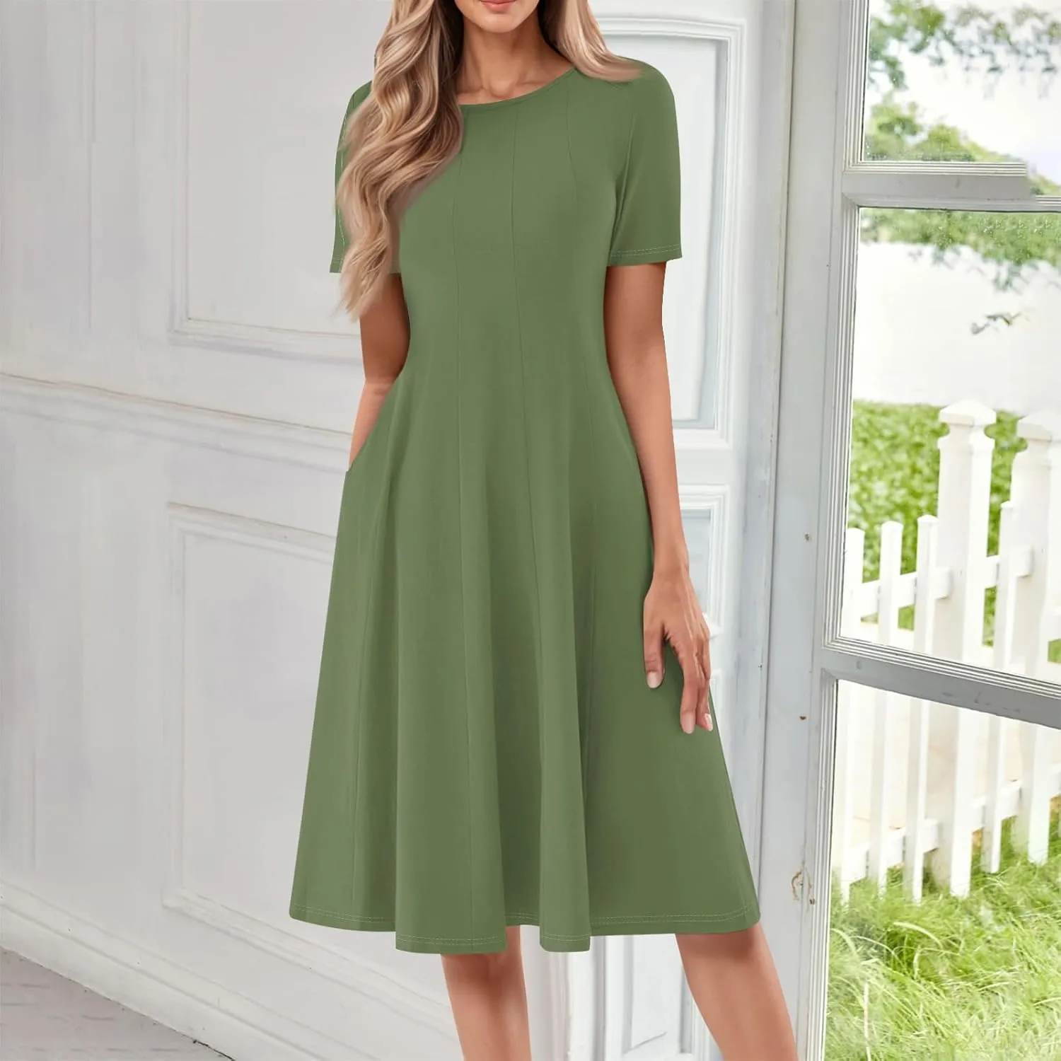 Modest Dresses for Women,2025 Spring Summer Short Sleeve Crewneck Easter Dress,Elegant Vacation Beach Sundress