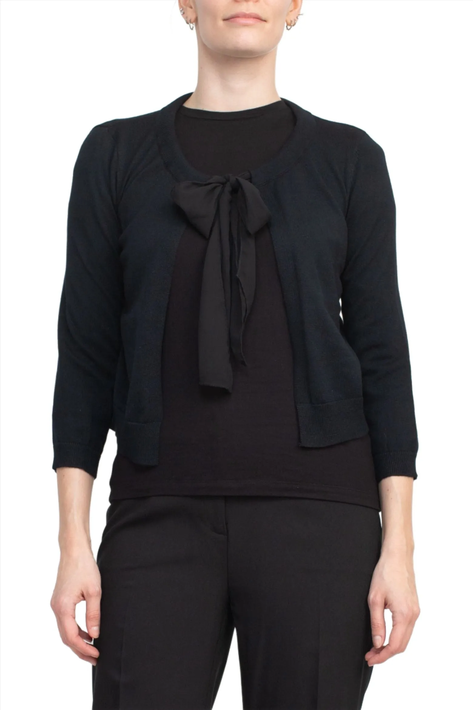 Nina Leonard Crew Neck Tie Neck 3/4 Sleeve  Open Front Solid Rayon Bolero