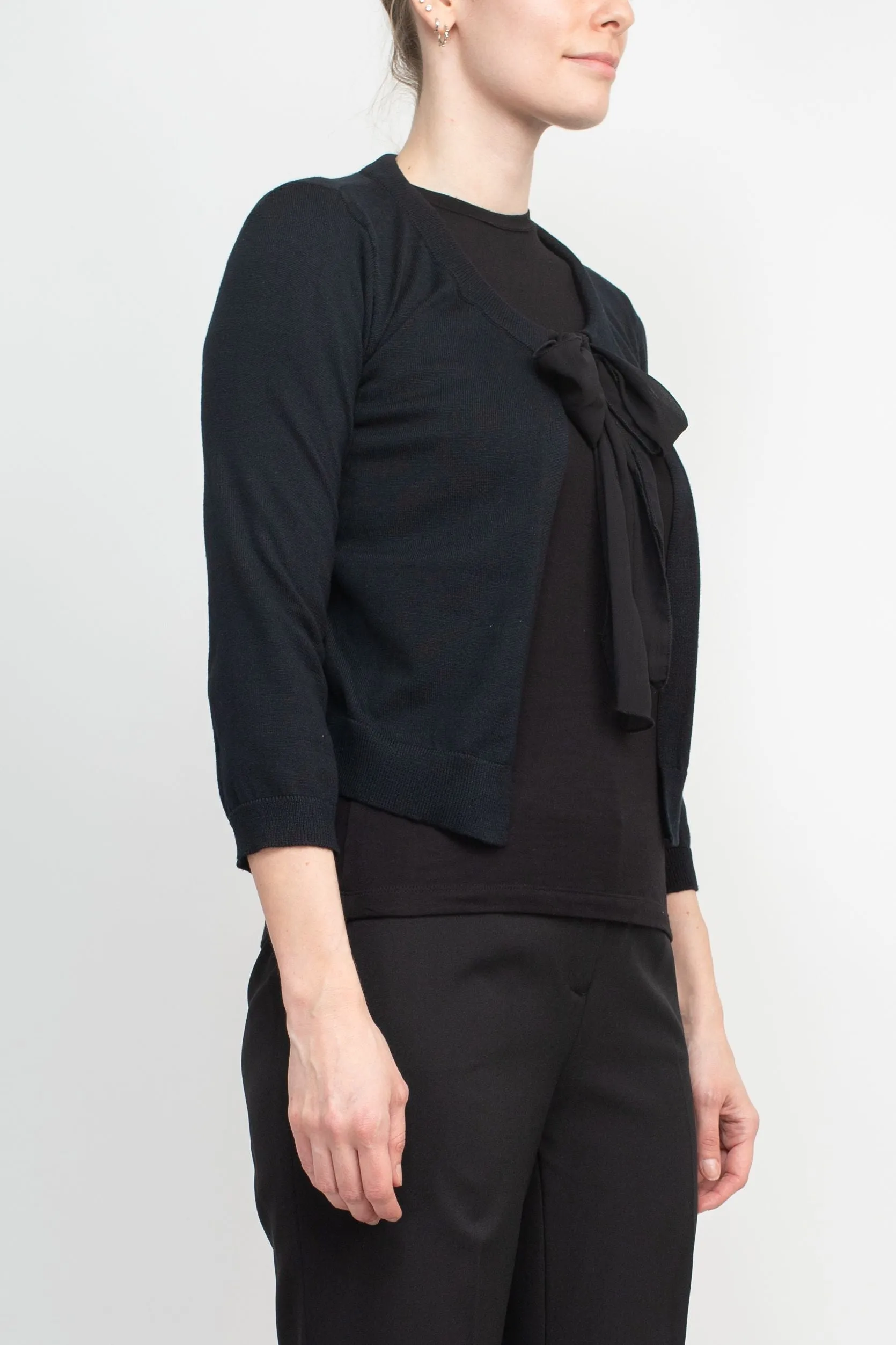 Nina Leonard Crew Neck Tie Neck 3/4 Sleeve  Open Front Solid Rayon Bolero