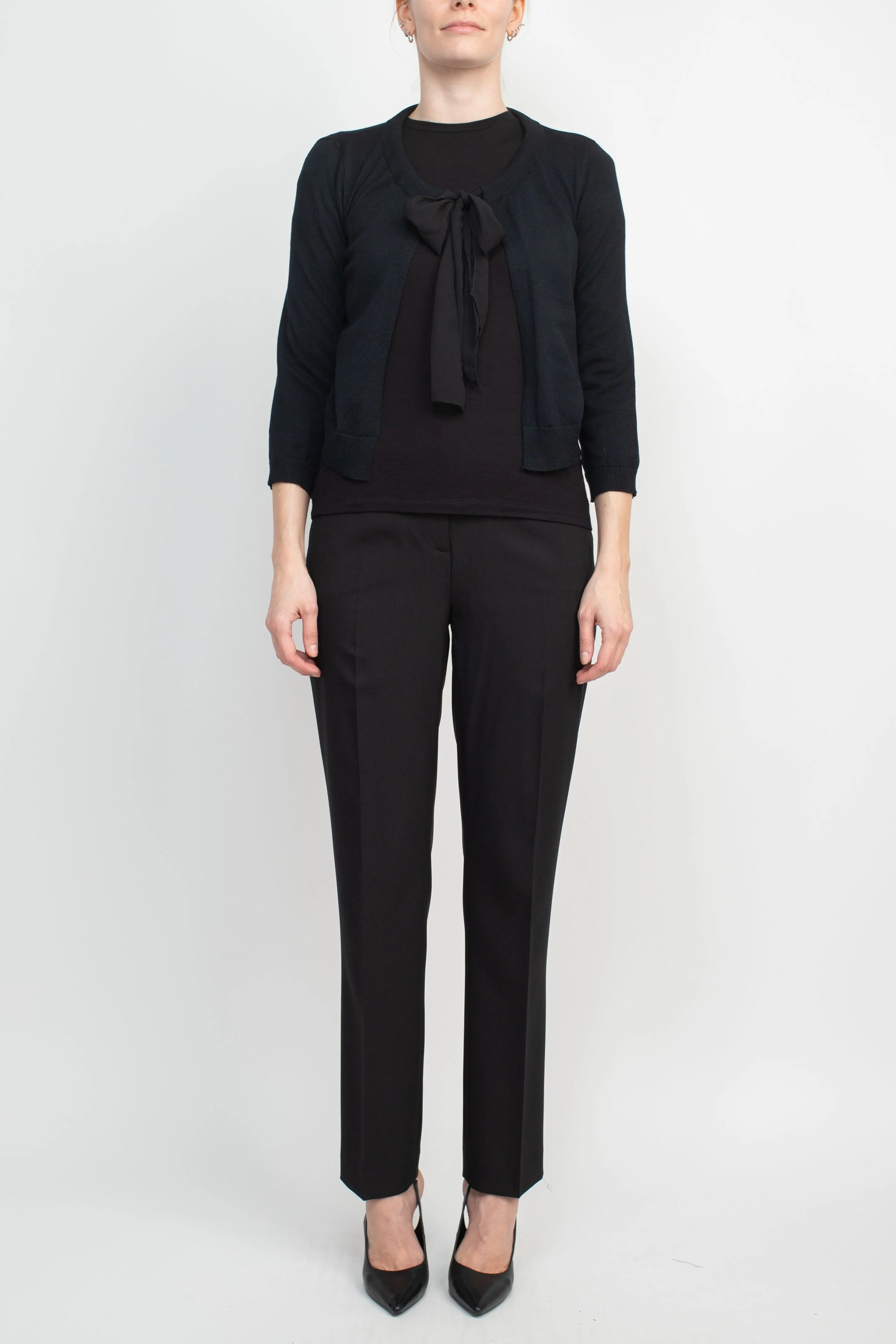 Nina Leonard Crew Neck Tie Neck 3/4 Sleeve  Open Front Solid Rayon Bolero