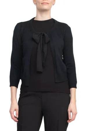 Nina Leonard Crew Neck Tie Neck 3/4 Sleeve  Open Front Solid Rayon Bolero
