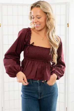 Nora Burgundy Square Neck Smocked Top