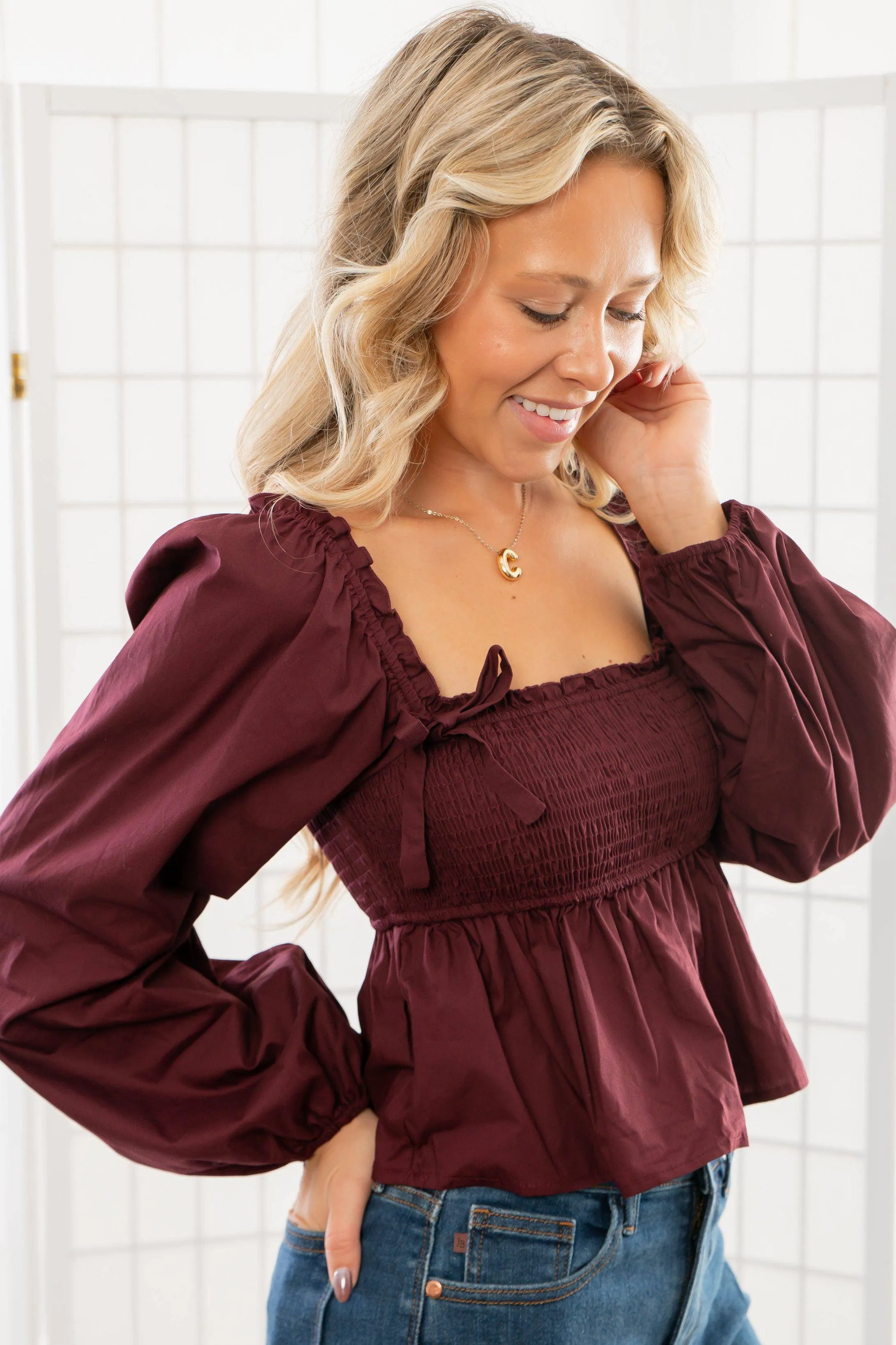 Nora Burgundy Square Neck Smocked Top